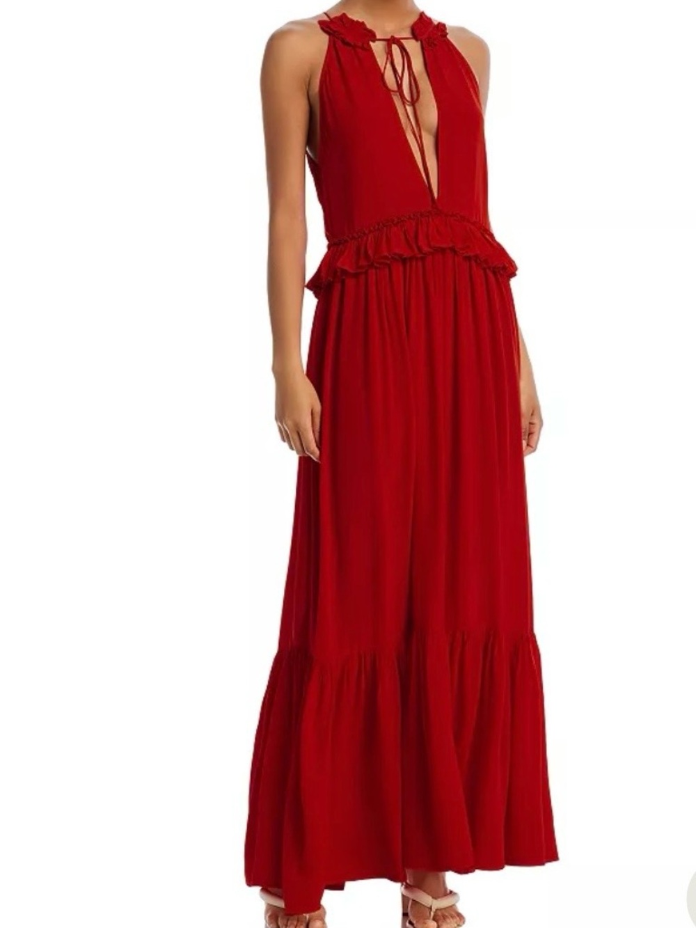 Women's Red Halter Maxi Dress with Ruffle Waist